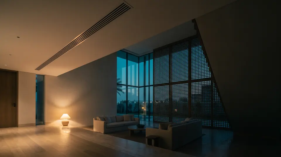 Villa lounge at blue hour with a linear ceiling diffuser above the seating