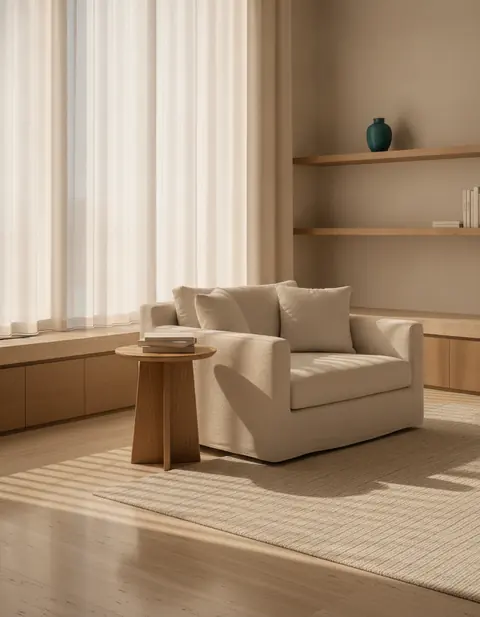 Clean living corner with an armchair, shelving and a striped rug