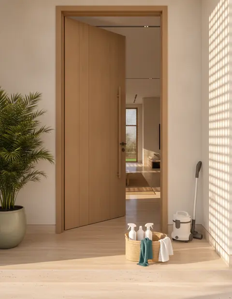Cleaning equipment and eco-friendly products set down at an open villa door