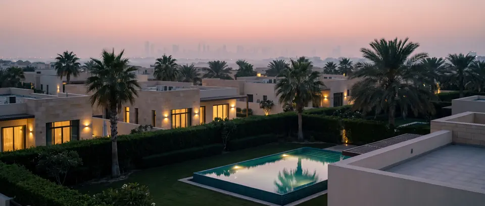 Dubai villa community with pools and palm trees at blue hour, city skyline in the distance