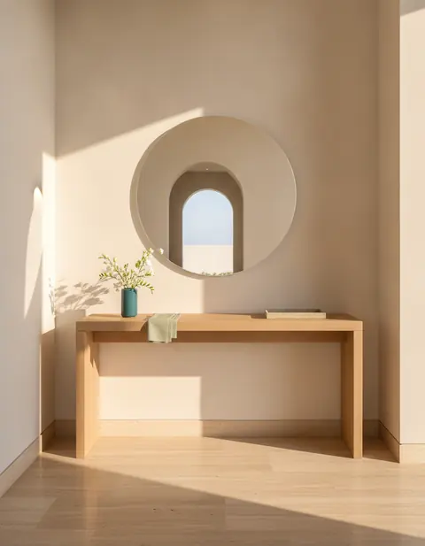 Villa entrance with an oak console and a round mirror