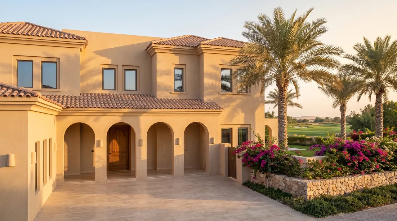 Sand-coloured two-storey villa in Arabian Ranches with terracotta roof, arched arcade, date palms and bougainvillea beside the golf course at golden hour