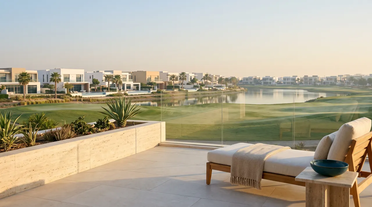 Clean travertine terrace with a teak lounger overlooking a golf fairway, a lake and modern villas in a Dubai golf community at sunrise