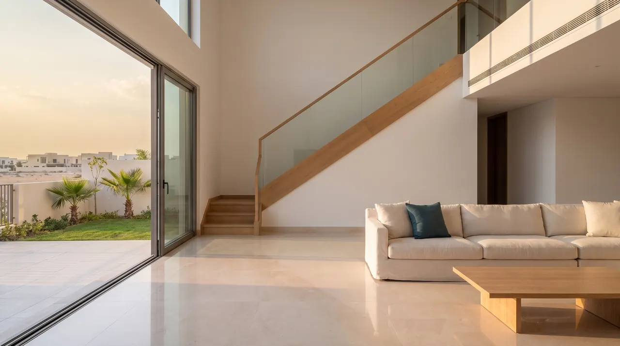 Freshly cleaned double-height living room of a new Dubai South townhouse with an oak staircase and open sliding doors to a small garden and the desert
