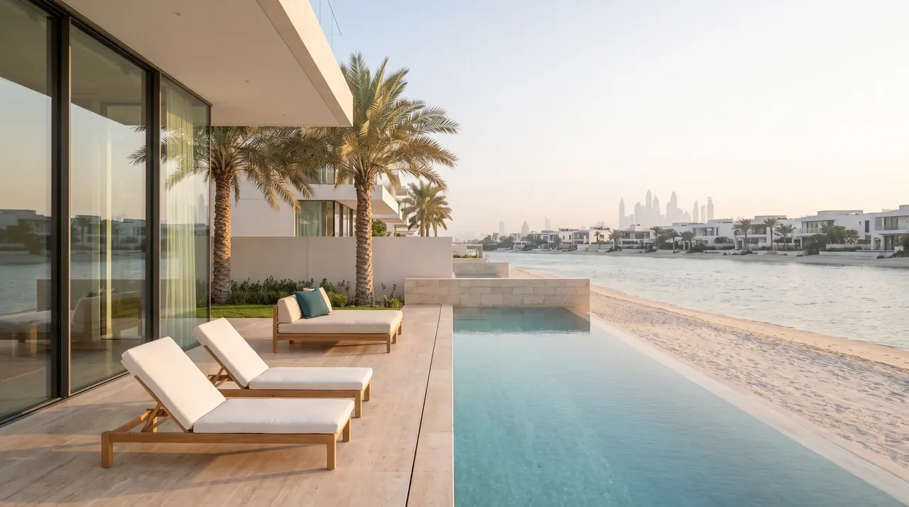 Beachfront villa terrace on Palm Jumeirah with white loungers, a long pool and a private beach facing calm water and the distant skyline