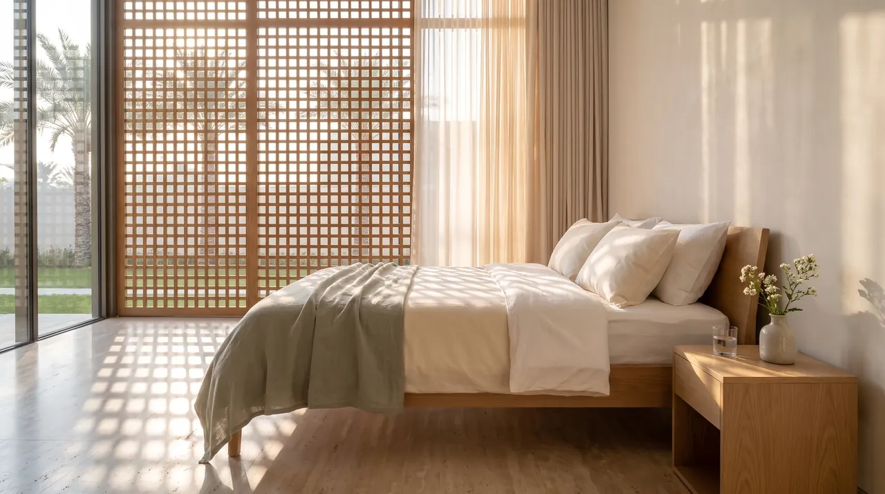 Freshly made oak bed with white linen and a sage throw in a villa bedroom, morning light falling through a wooden lattice screen