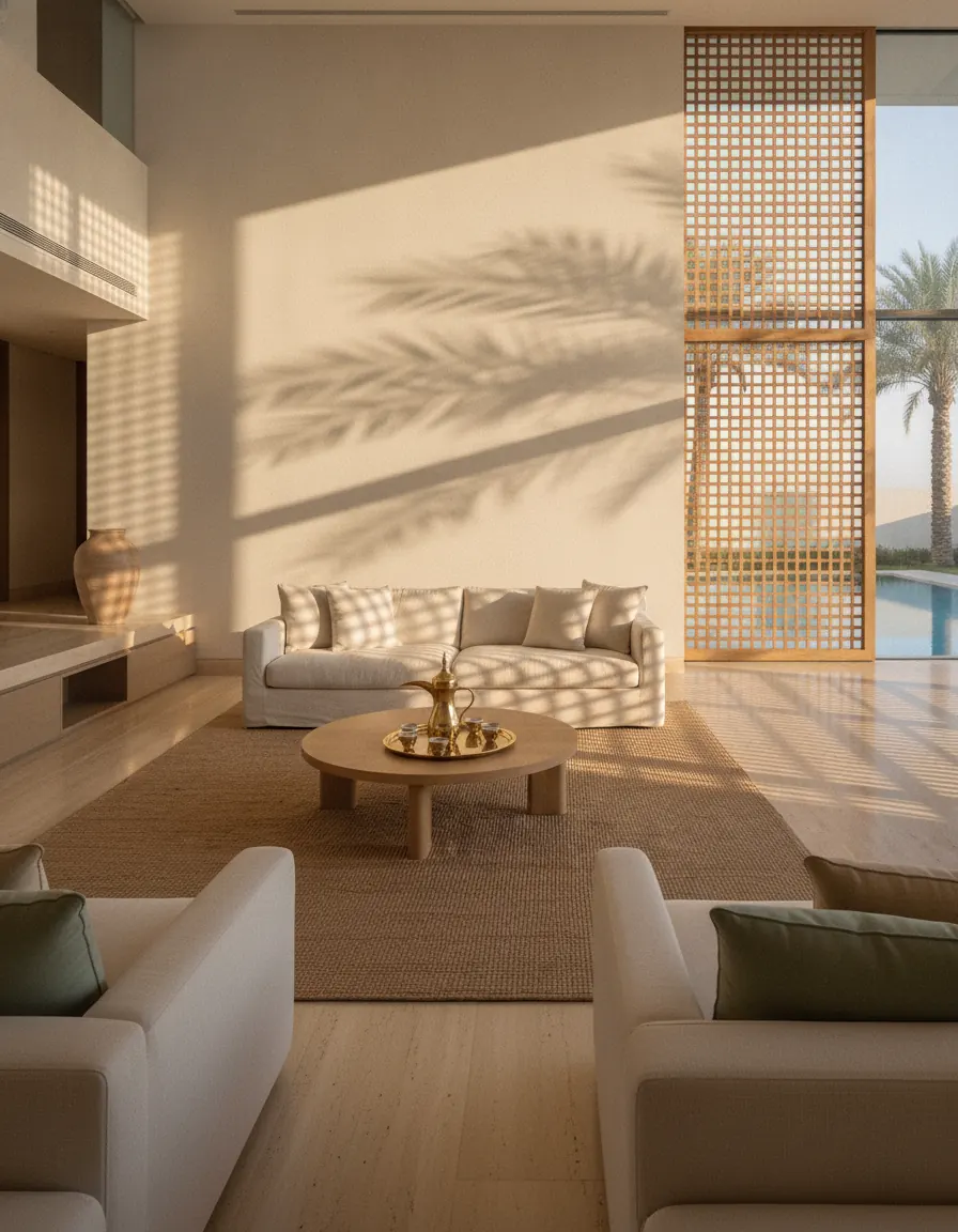 Bright villa majlis with linen sofas, a brass dallah coffee set on a round oak table and lattice-filtered afternoon light