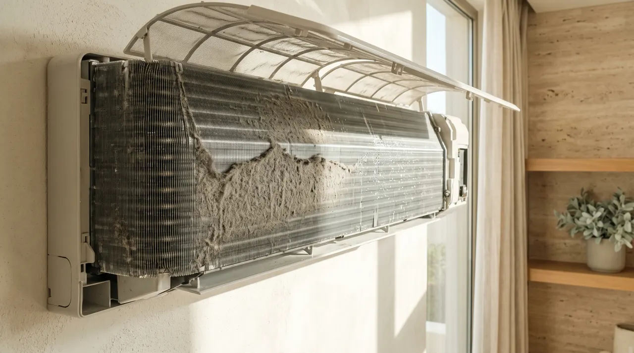 Opened wall-mounted AC unit: half of the evaporator coil still matted with grey dust, the other half cleaned to bright aluminium fins