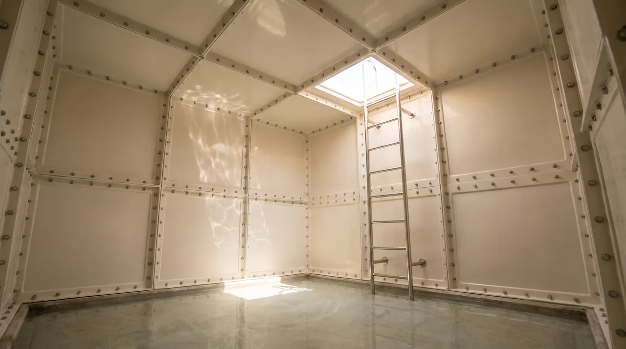 Inside a freshly cleaned rooftop water tank: bolted white fibreglass panels, clear water and daylight through the open hatch