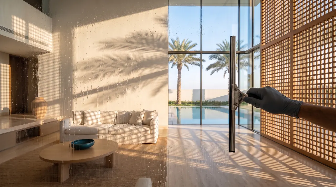 Gloved hand pulling a squeegee across a large glass pane in a villa: soapy film on one side, crystal-clear glass on the other