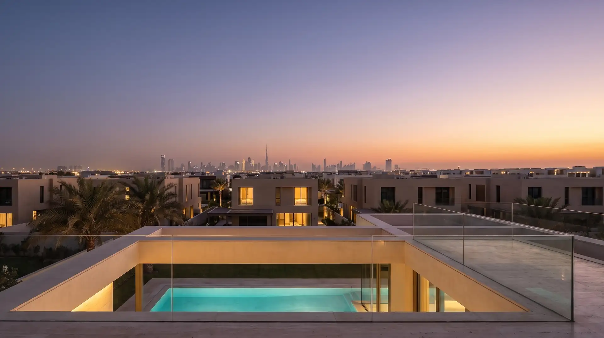 Villa community at dusk with the Dubai skyline on the horizon