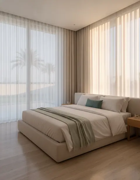 Calm villa bedroom with fresh linen and sheer curtains