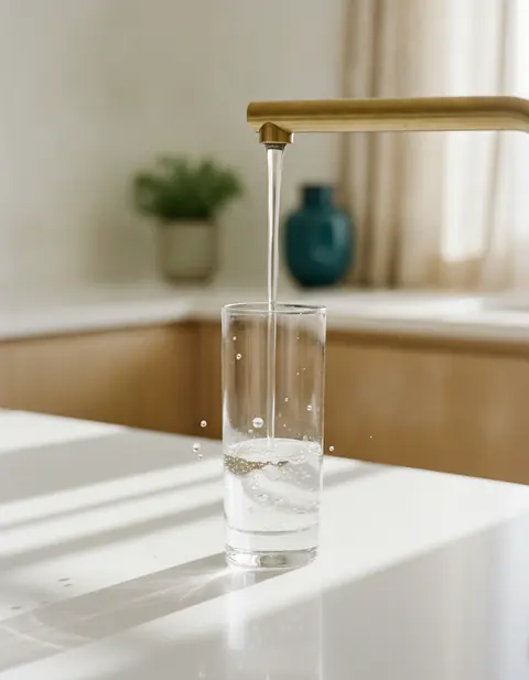 Clear water running from a brass tap into a glass
