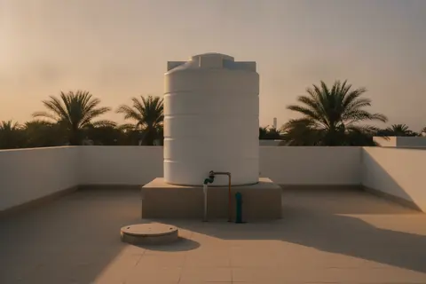 White water tank on a villa rooftop at golden hour, palm trees behind