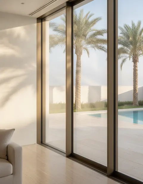 Clear floor-to-ceiling sliding glass doors facing the pool